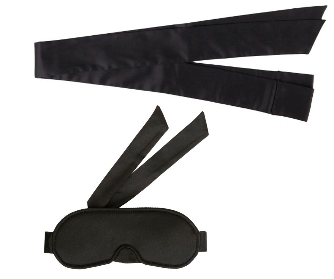 Coup de foudre black satin mask and cuffs